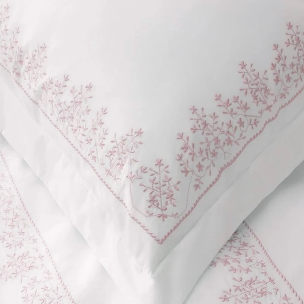 Leaf Stone Embroidery Percale Cotton Duvet Set Rose On White - King - 3 Piece - Picture 5 of 7